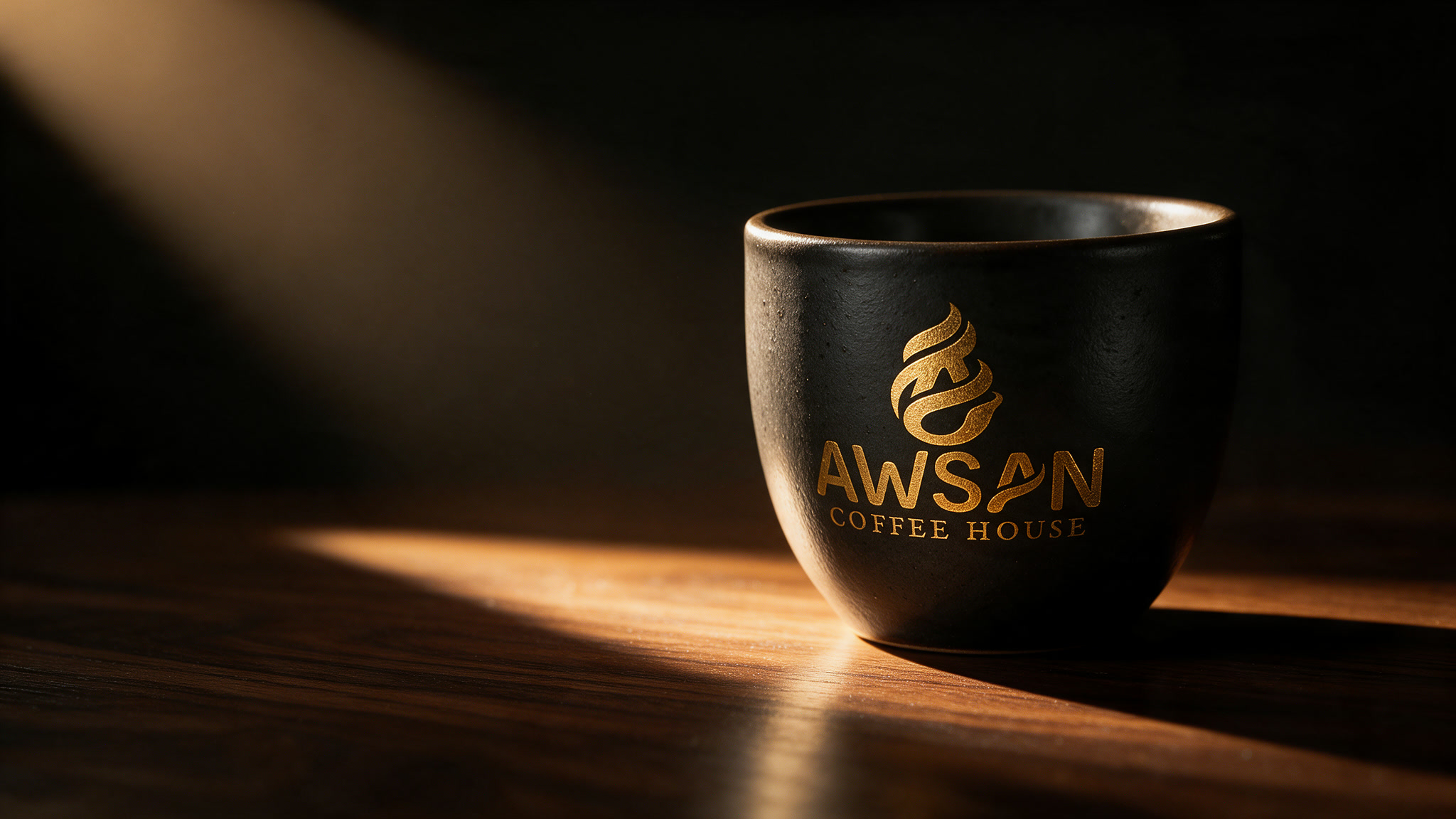 A black ceramic cup in a beam of amber light on a dark walnut table.